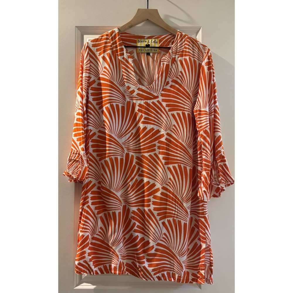 Sierra & CoCo Coral Orange Tropical Palm Leaf Tunic Top Small Rayon Beach Resort